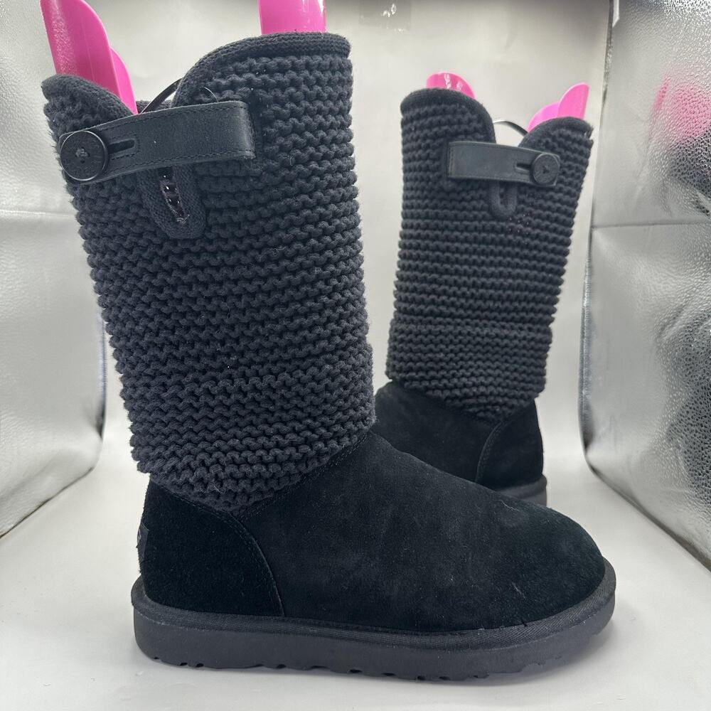 UGG Shaina Knit Tall Boots Womens Size 8 Black Sweater Button Winter 1012534